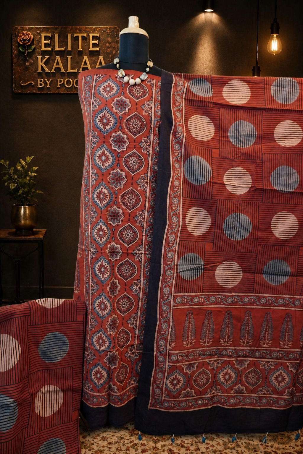 Cotton Ajrakh Handblock 3 Piece Unstitched Suit Set Rust Design 3