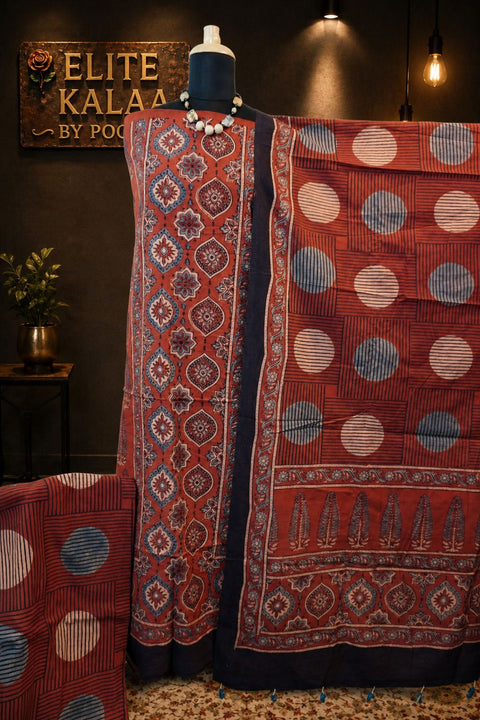 Cotton Ajrakh Handblock 3 Piece Unstitched Suit Set Rust Design 3