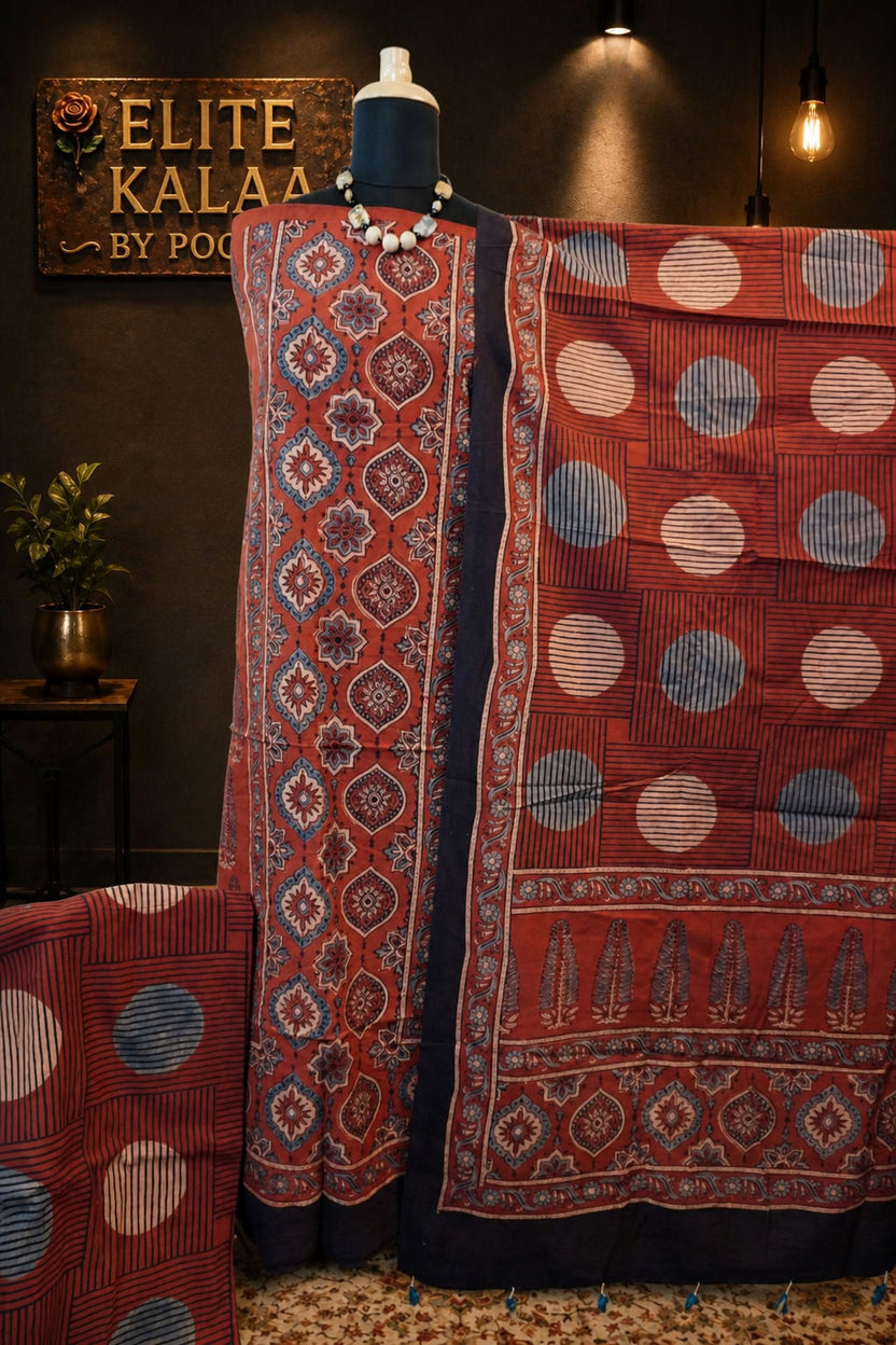 Cotton Ajrakh Handblock 3 Piece Unstitched Suit Set Rust Design 3