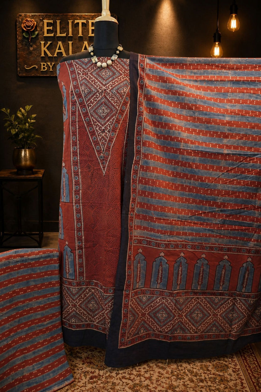 Cotton Ajrakh Handblock 3 Piece Unstitched Suit Set Rust Design 4