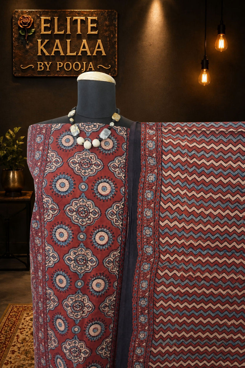 Ajrakh Handblock Cotton 3 Piece Unstitched Suit Set Red Rust - Design 5