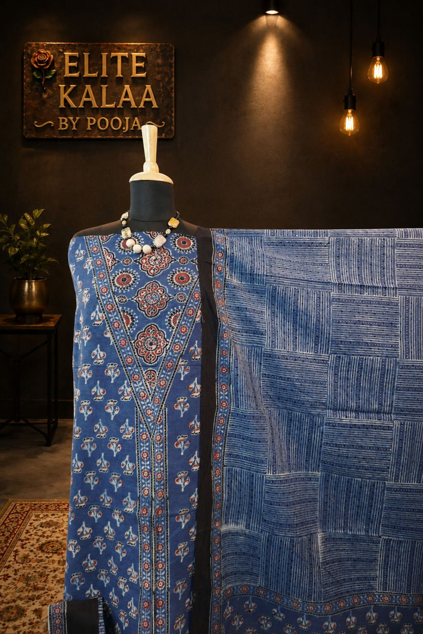 Cotton Ajrakh Block Print 3 Piece Unstitched Suit Set Indigo Blue with Border - Design 2