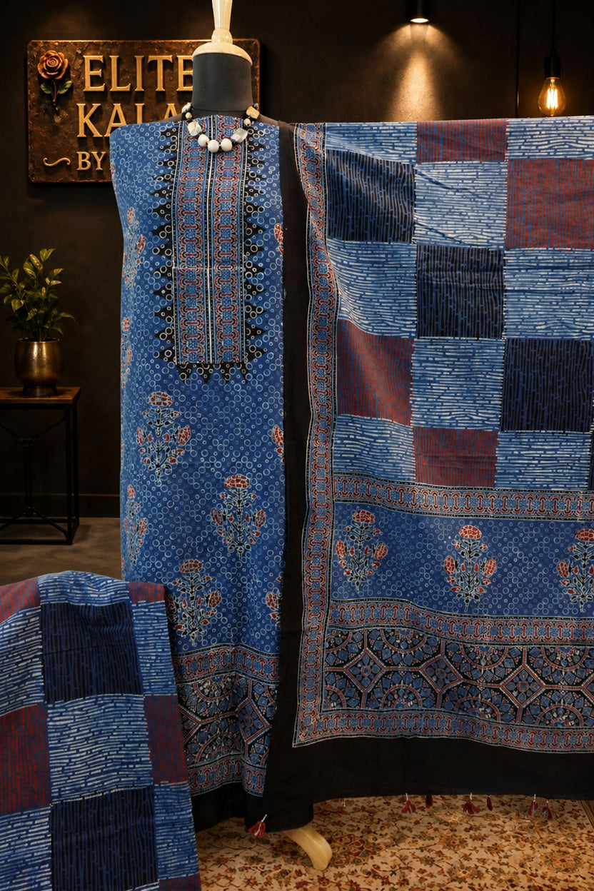 Cotton Ajrakh Handblock 3 Piece Unstitched Suit Set Indigo Blue Design 5