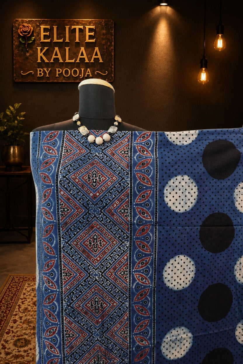 Ajrakh Handblock Cotton 3 Piece Dress Material Blue with Border, Design 6