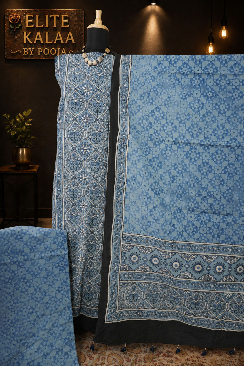 Cotton Ajrakh Handblock 3 Piece Unstitched Suit Set Light Blue Design 1