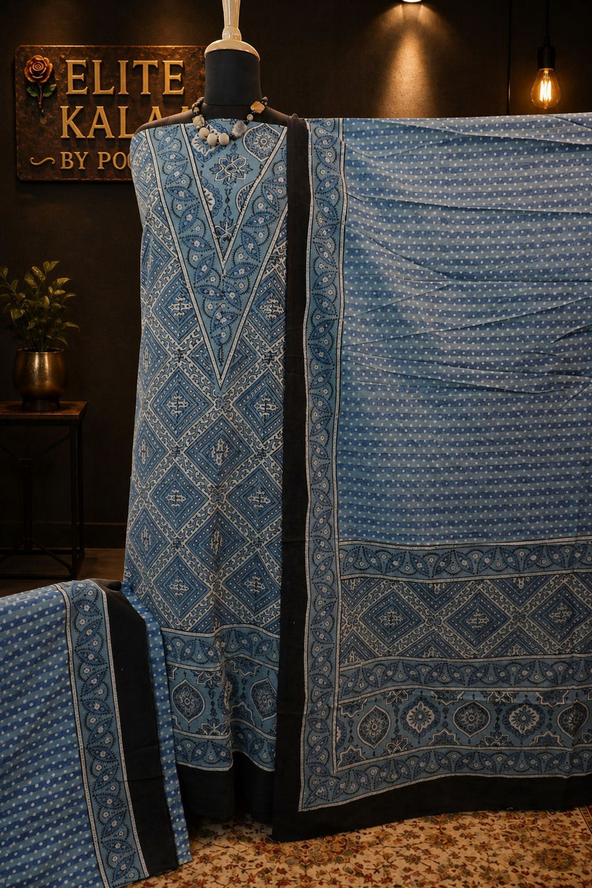 Ajrakh Handblock Cotton 3 Piece Unstitched Suit Set Blue Design 2