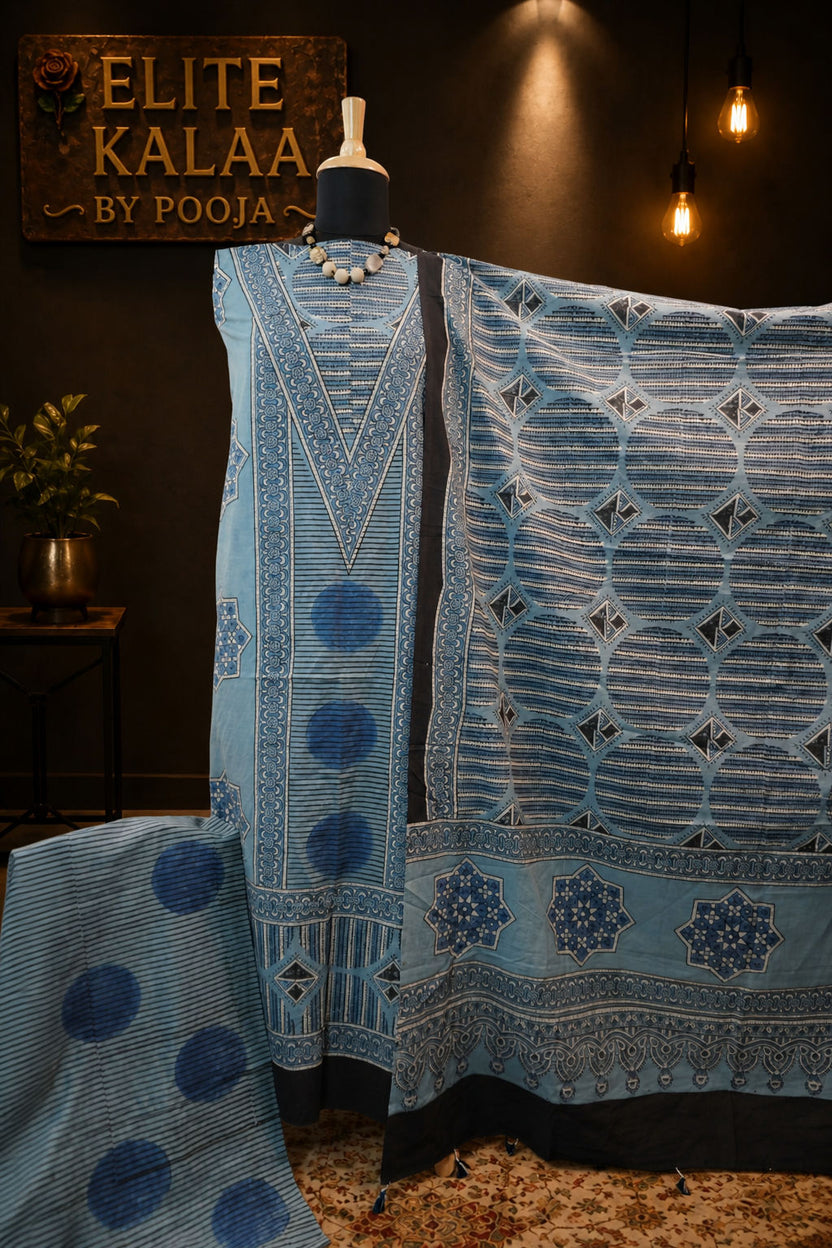 Ajrakh Handblock Cotton 3 Piece Unstitched Suit Set Blue Design 3