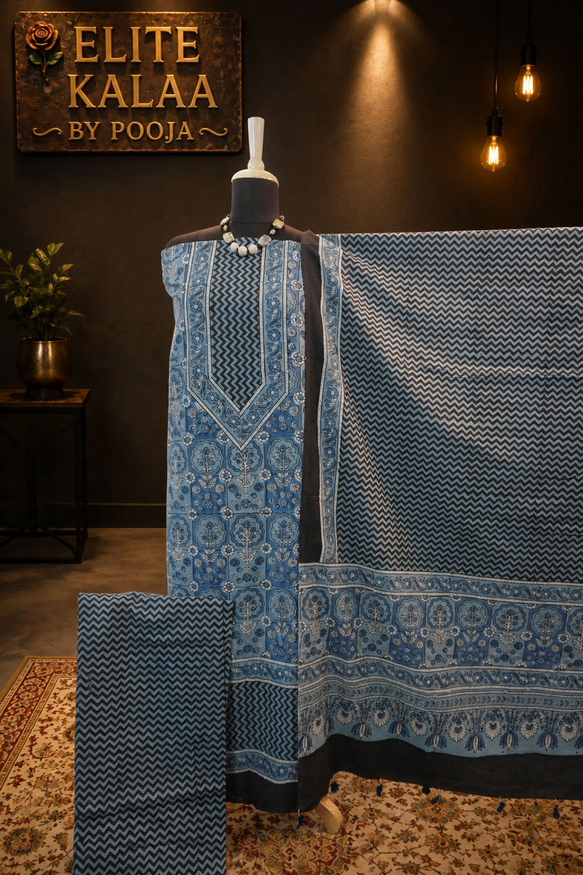 Cotton Ajrakh Handblock 3 Piece Unstitched Suit Set Light Blue Design 6