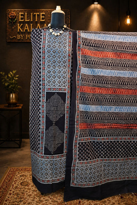 Cotton Ajrakh Handblock 3 Piece Unstitched Suit Set Black Design 1