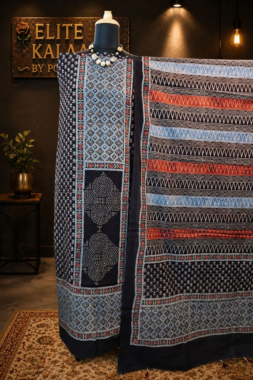 Cotton Ajrakh Handblock 3 Piece Unstitched Suit Set Black Design 1