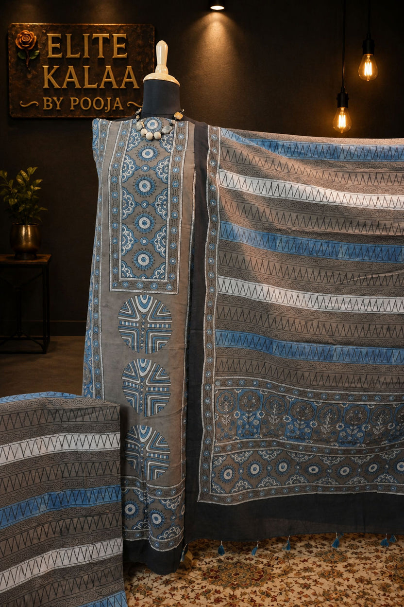Cotton Ajrakh Handblock 3 Piece Unstitched Suit Set Brown Design 2