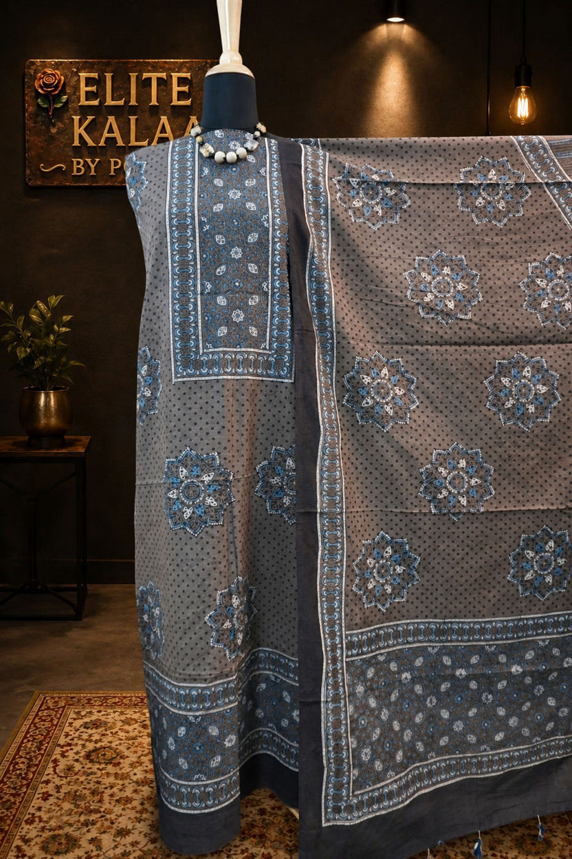 Cotton Ajrakh Handblock 3 Piece Unstitched Suit Set Brown Design 3