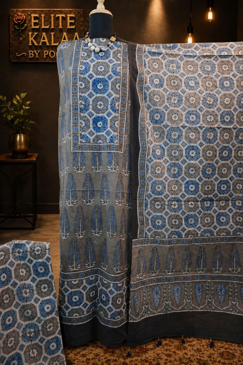 Ajrakh Handblock Cotton 3 Piece Dress Material Brown with Border, Design 4