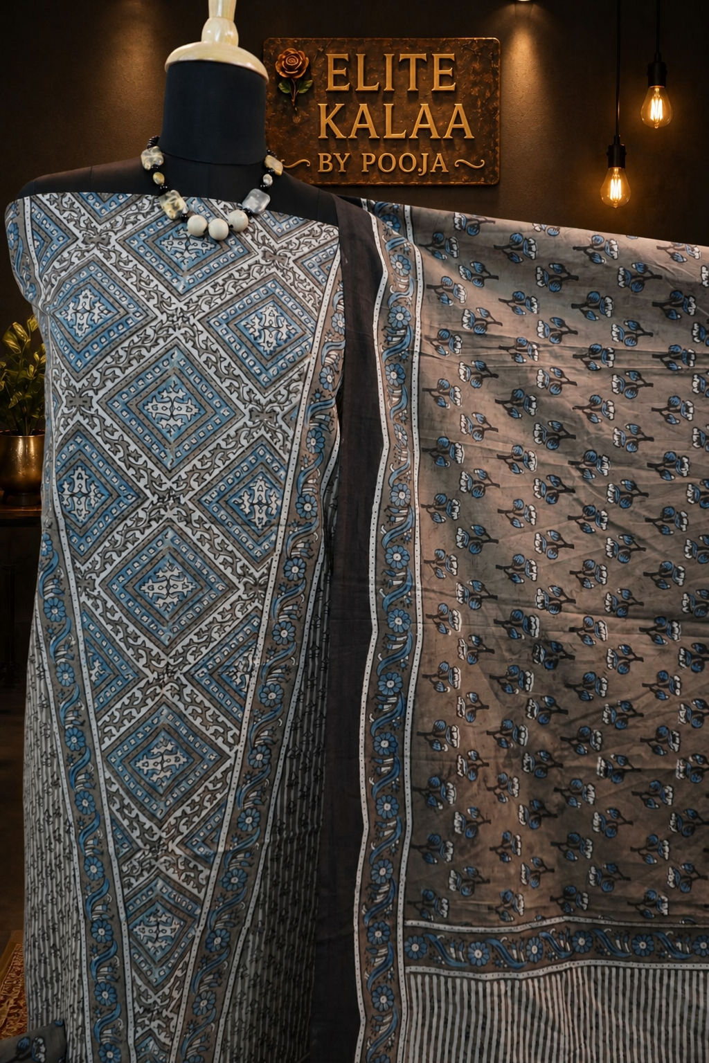 Cotton Ajrakh Handblock 3 Piece Unstitched Suit Set Brown Design 6