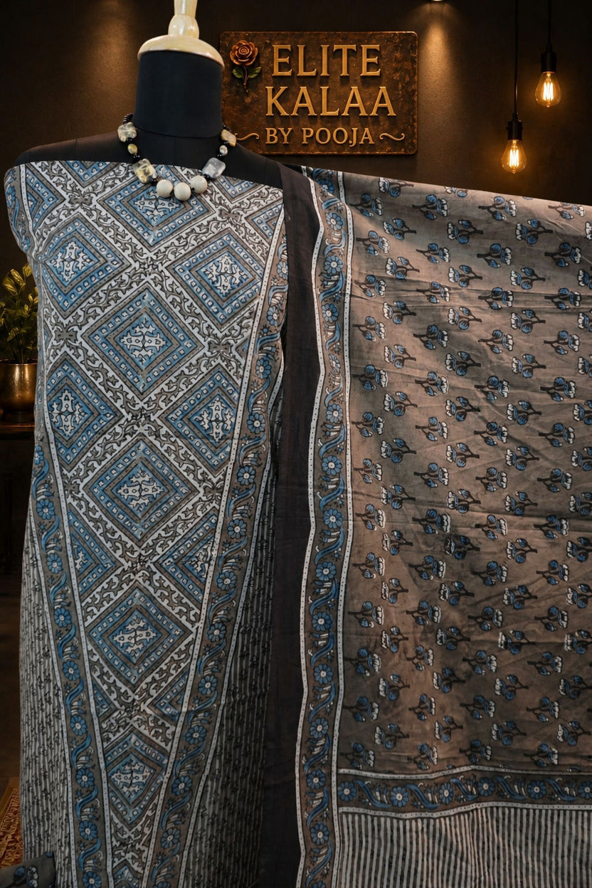 Cotton Ajrakh Handblock 3 Piece Unstitched Suit Set Brown Design 6