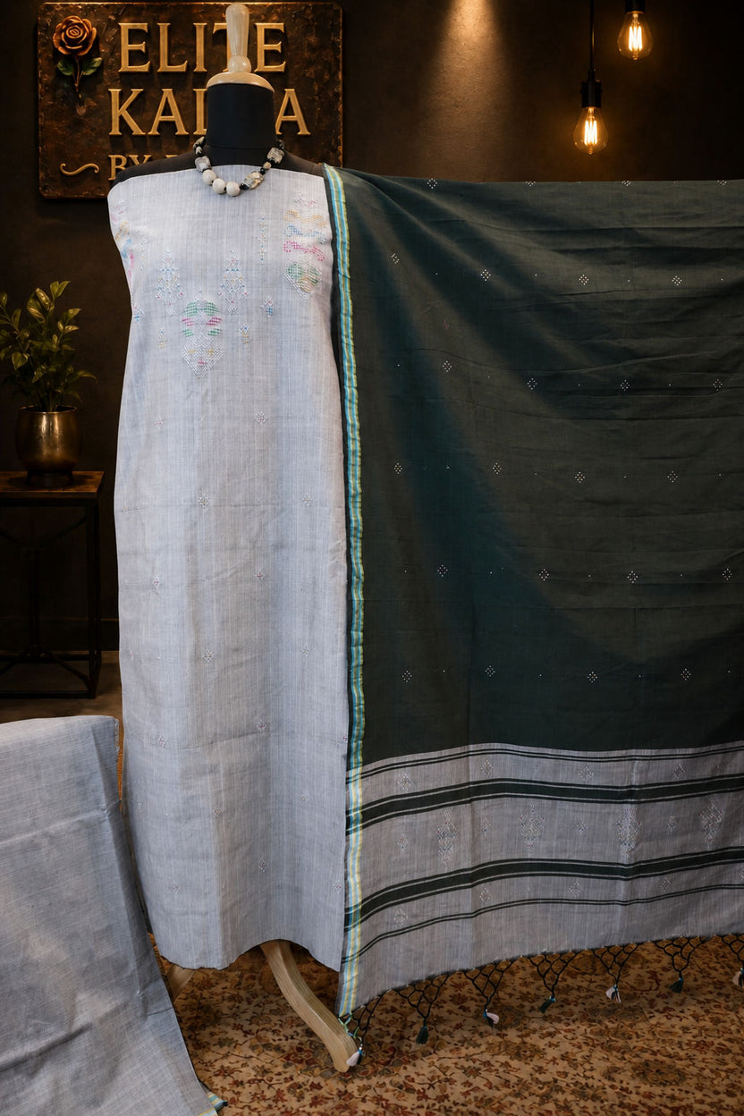 Tangaliya Cotton 3 Piece Unstitched Suit Set Grey with Military Green Dupatta and Tassels