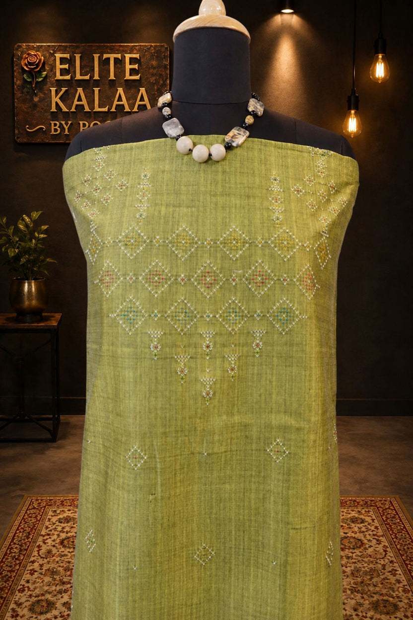 Tangaliya Cotton 3 Piece Unstitched Suit Set Light Green with Grey Dupatta