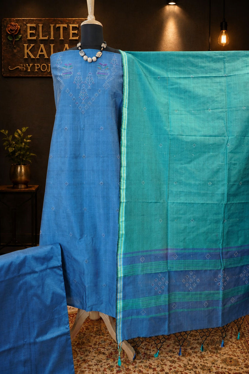 Tangaliya Cotton 3 Piece Unstitched Suit Set Greyish Blue with Green Dupatta