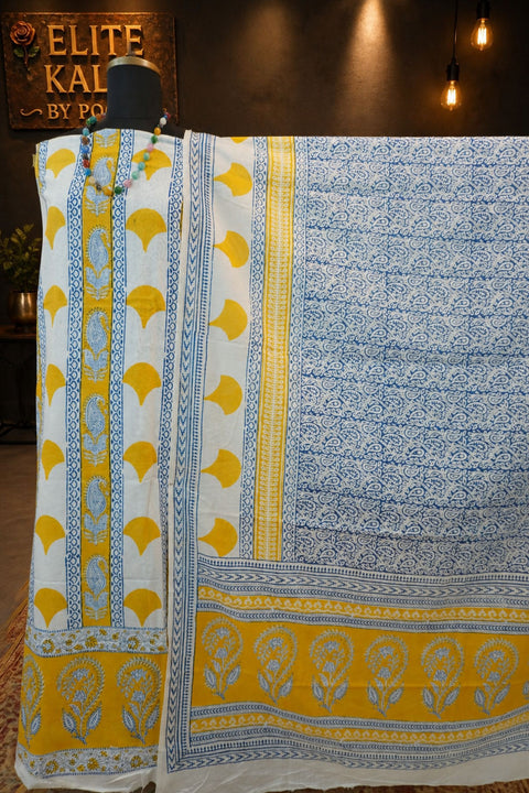 Cotton Bagh Handblock Block Print 3 Piece Unstitched Suit Set Yellow Design 1