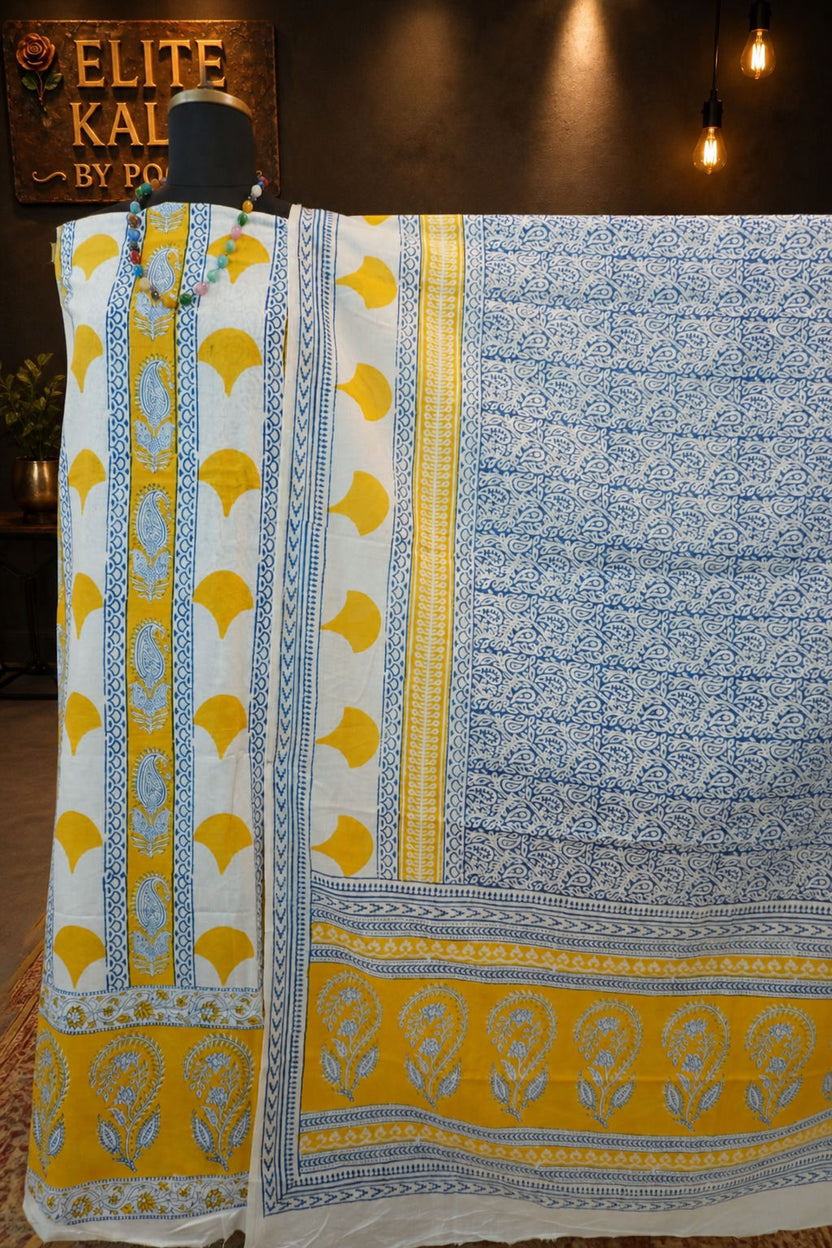 Cotton Bagh Handblock Block Print 3 Piece Unstitched Suit Set Yellow Design 1