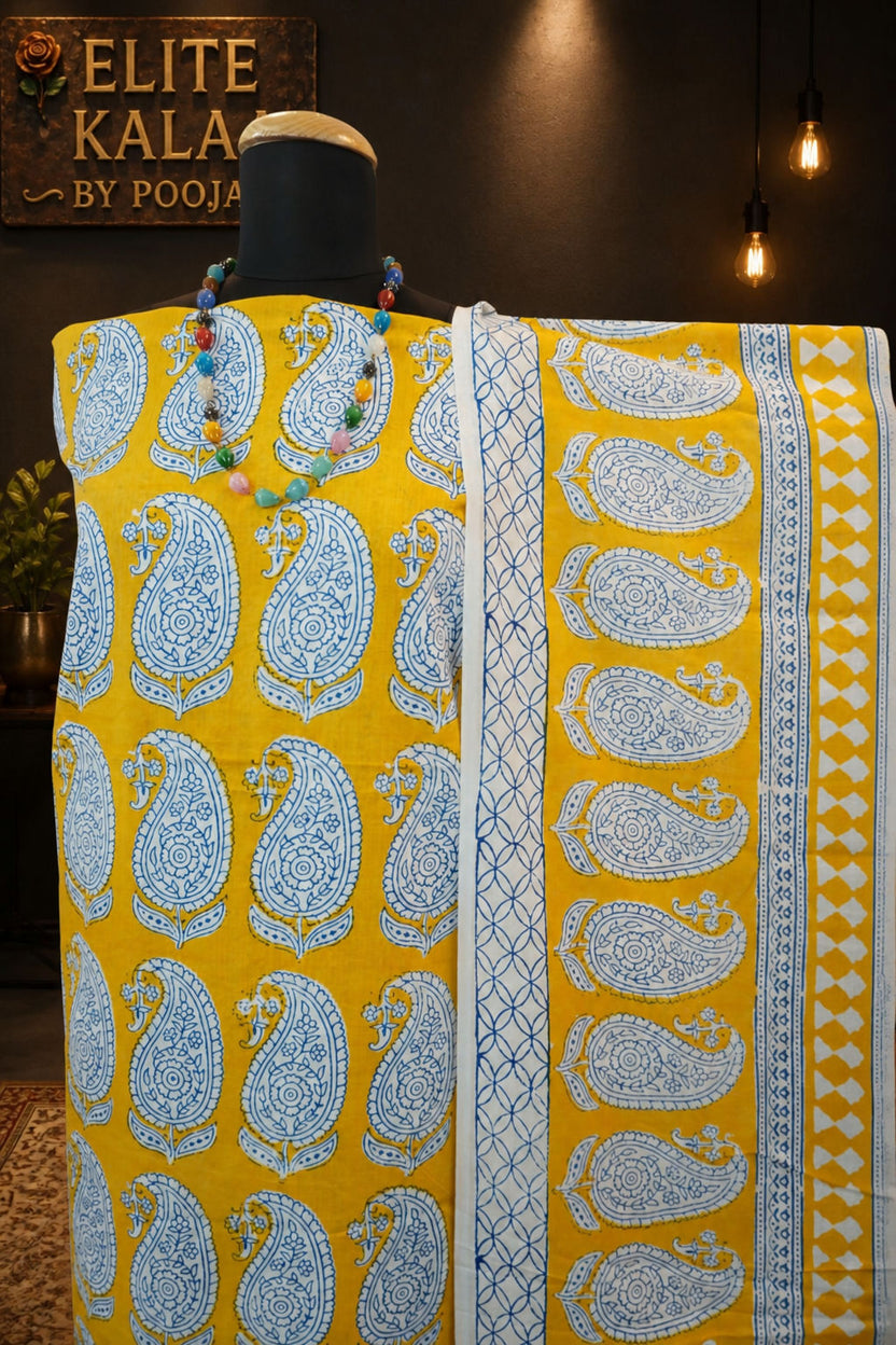 Cotton Bagh Handblock Indigo Colour 3 Piece Unstitched Suit Set Yellow Design 2