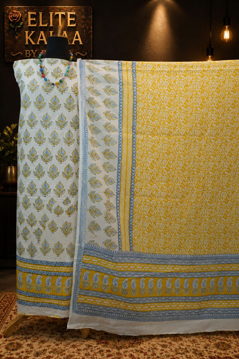 Cotton Bagh Block Print 3 Piece Unstitched Suit Set Yellow Design 5