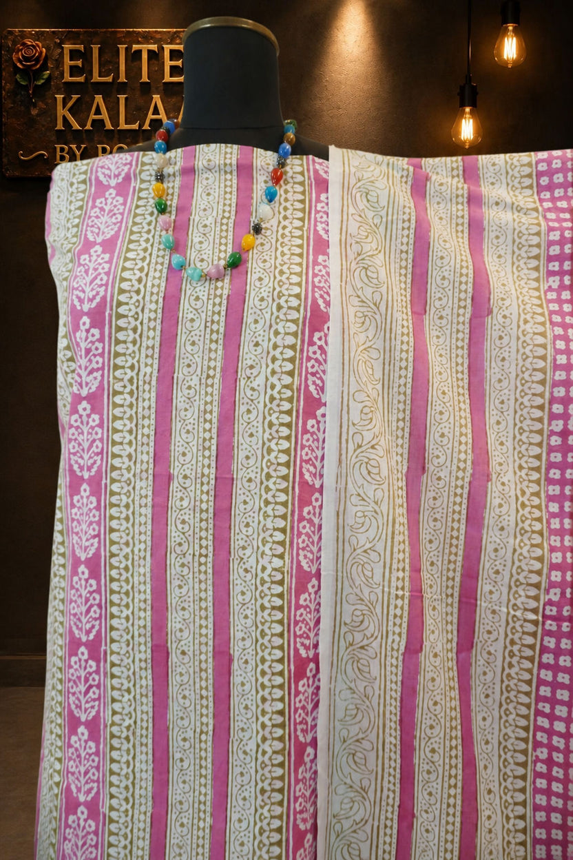 Cotton Bagh Handblock Indigo Colour 3 Piece Unstitched Suit Set Pink Design 1