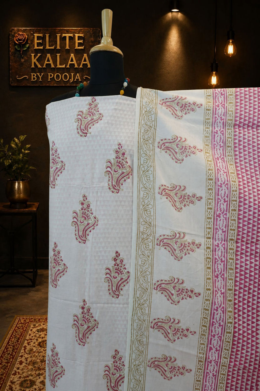 Cotton Bagh Handblock Indigo Colour 3 Piece Unstitched Suit Set Pink Design 2
