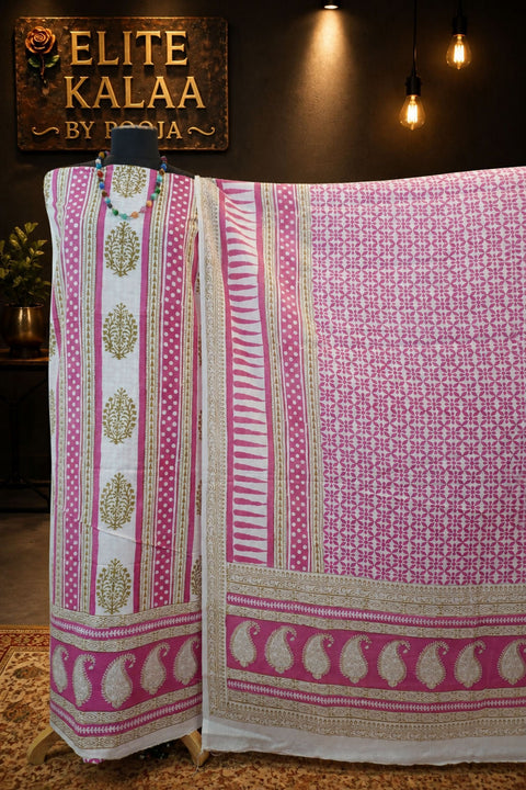 Cotton Bagh Handblock 3 Piece Unstitched Suit Set Pink, Design 4