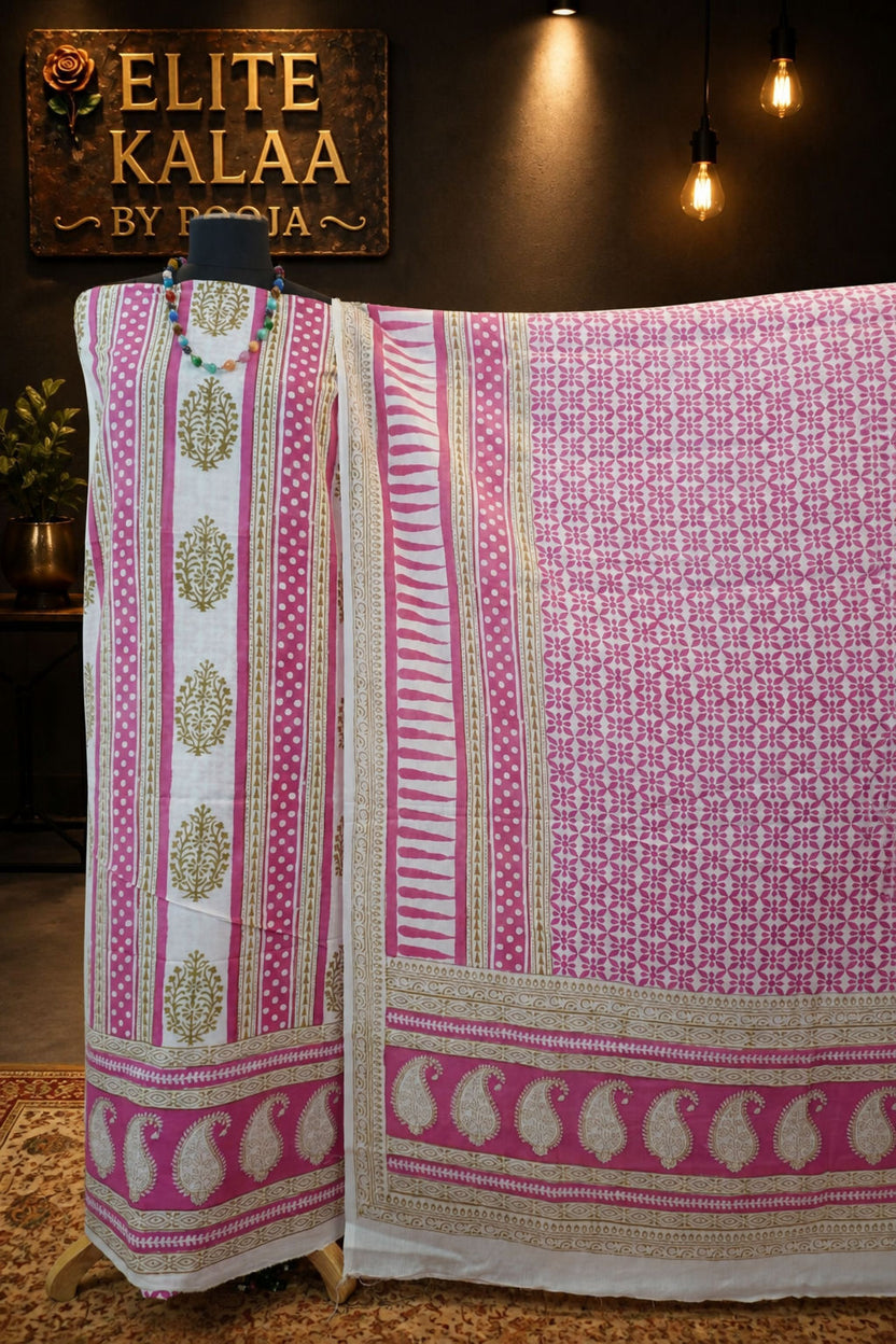 Cotton Bagh Handblock 3 Piece Unstitched Suit Set Pink, Design 4