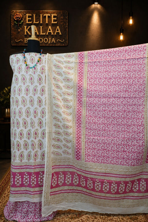 Cotton Bagh Handblock Indigo Colour 3 Piece Unstitched Suit Set Pink Design 10