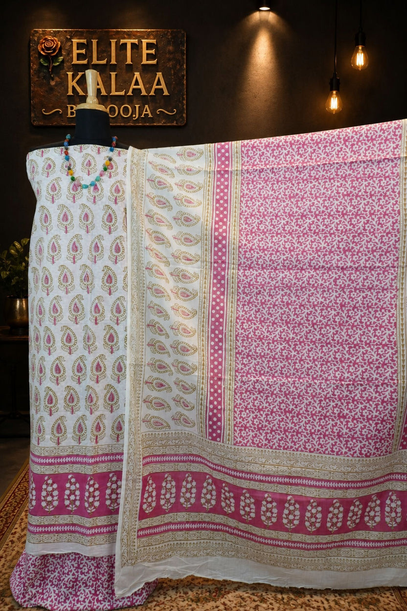 Cotton Bagh Handblock Indigo Colour 3 Piece Unstitched Suit Set Pink Design 10