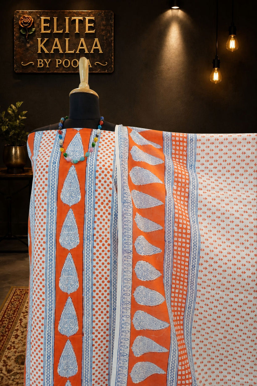 Orange cotton Bagh printed 3 piece suit set with white and blue placement pattern and border detail