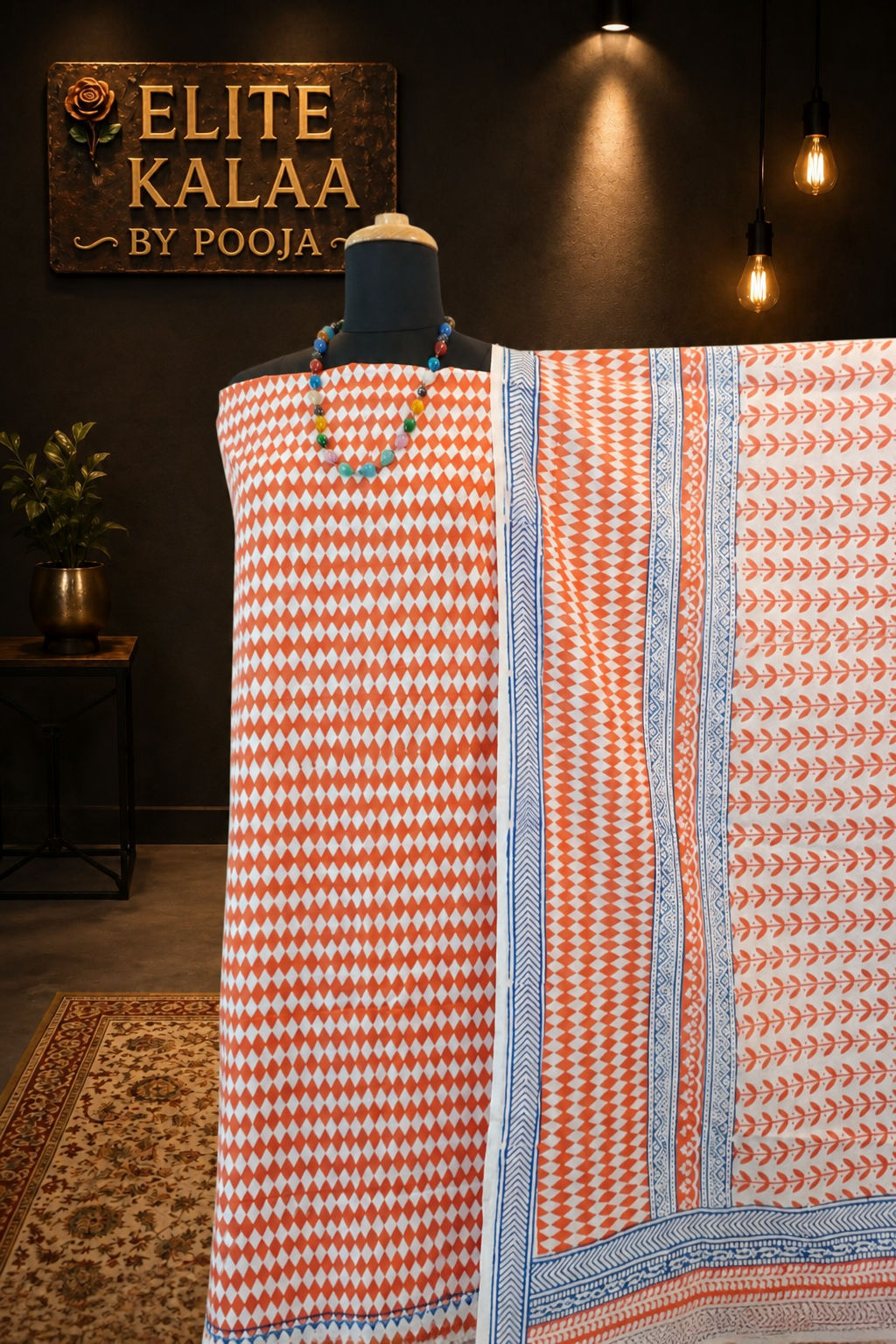 Orange and blue cotton Bagh handblock 3 piece suit set with white block print and border