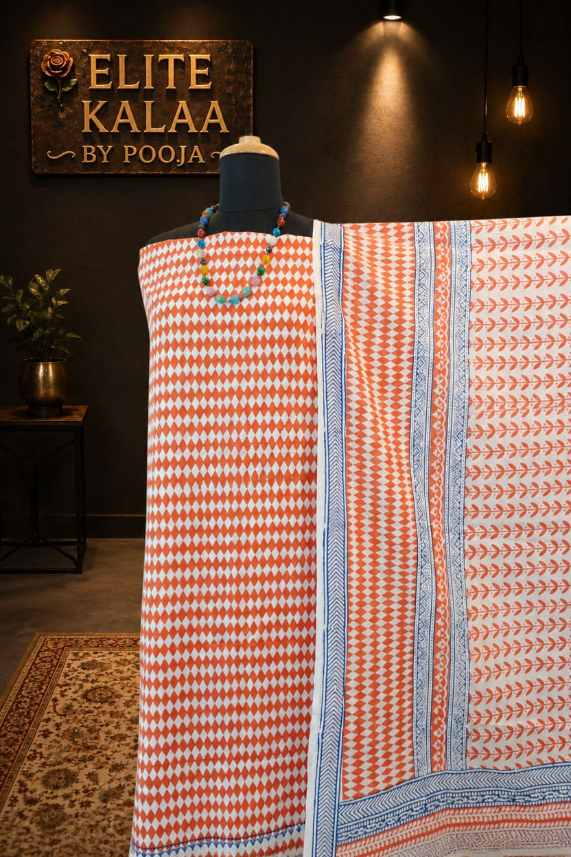 Orange and blue cotton Bagh handblock 3 piece suit set with white block print and border