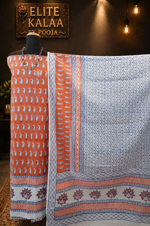 Cotton Bagh Block Print 3 Piece Unstitched Suit Set Orange Design 3