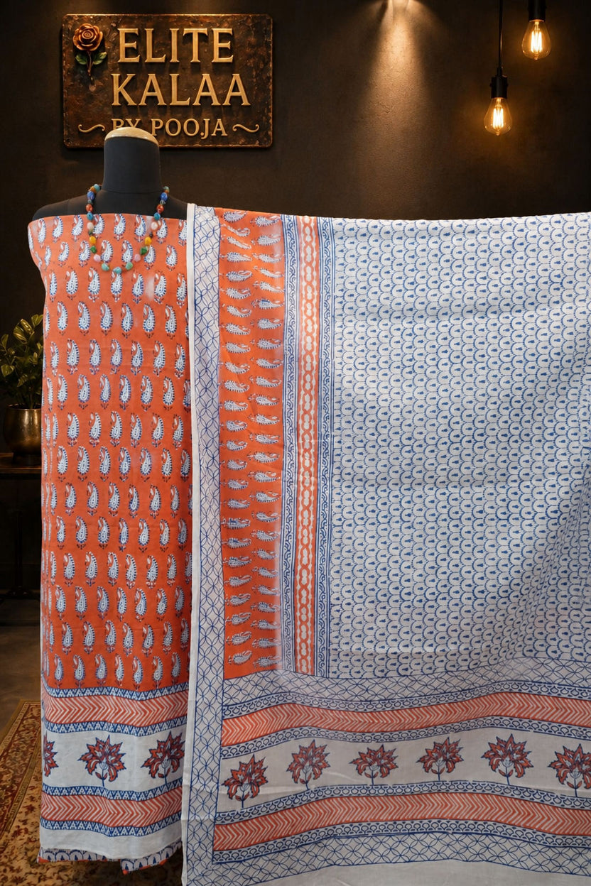 Cotton Bagh Block Print 3 Piece Unstitched Suit Set Orange Design 3