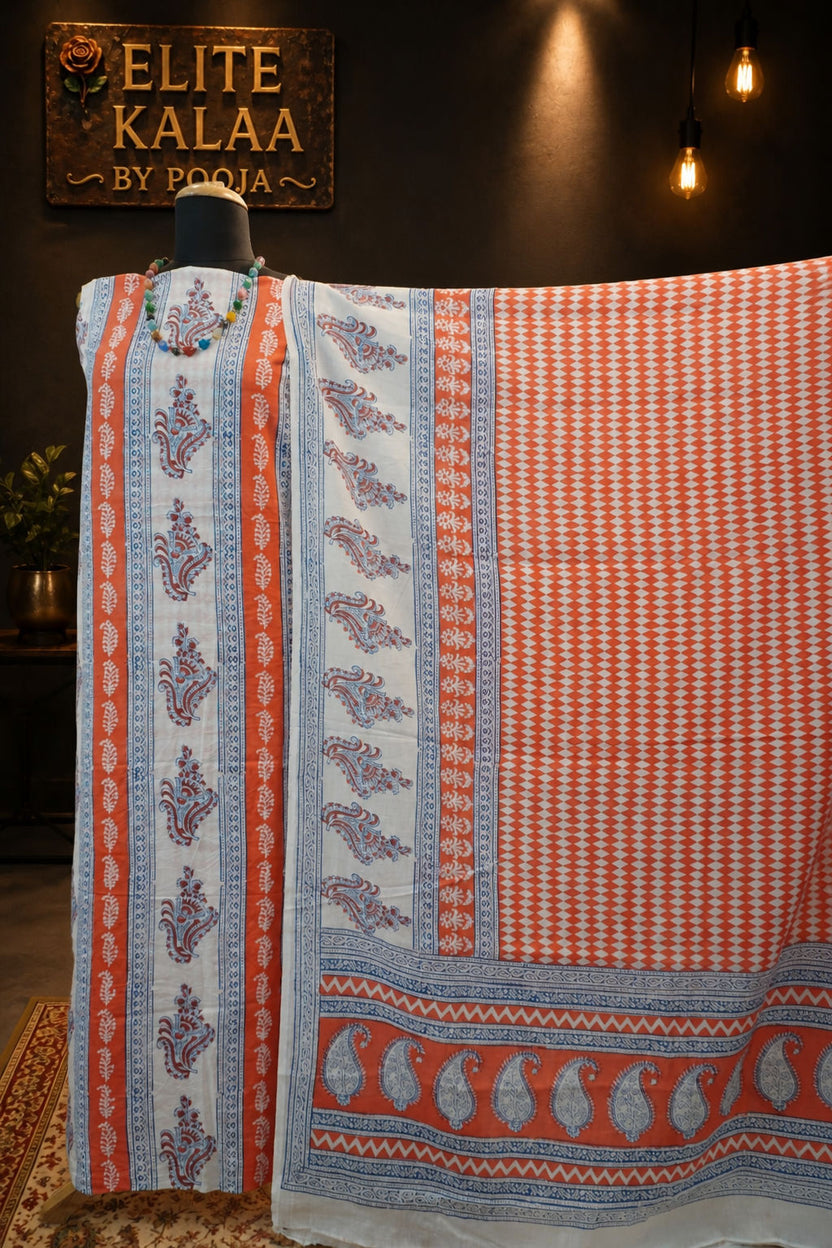 Cotton Bagh Handblock Indigo Colour 3 Piece Unstitched Suit Set Orange Design 4