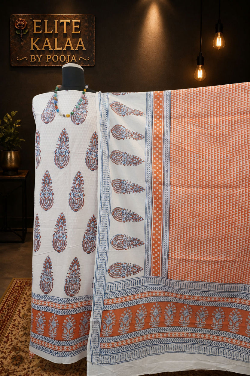 Cotton Bagh Handblock Indigo Colour 3 Piece Unstitched Suit Set Orange Design 5