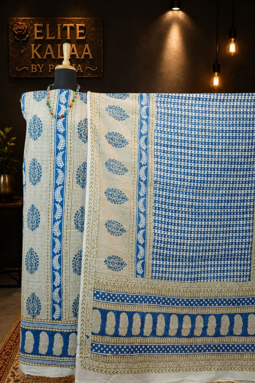 Cotton Bagh Handblock Indigo Colour 3 Piece Unstitched Suit Set Orange Design 8