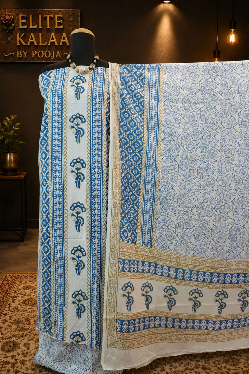 Cotton Bagh Handblock 3 Piece Unstitched Suit Set Blue, Design 2
