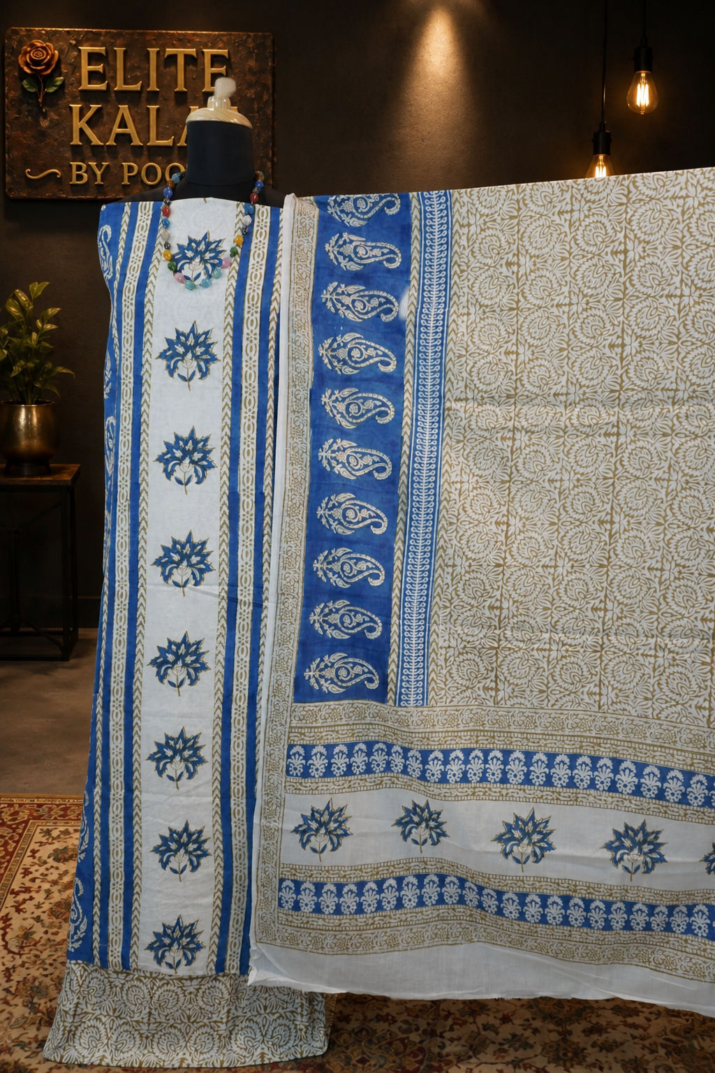 Cotton Bagh Handblock 3 Piece Unstitched Suit Set Blue, Design 3
