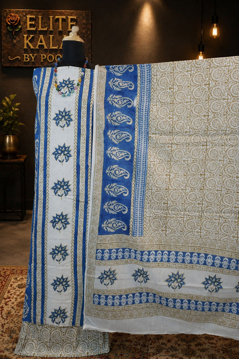 Cotton Bagh Handblock 3 Piece Unstitched Suit Set Blue, Design 3