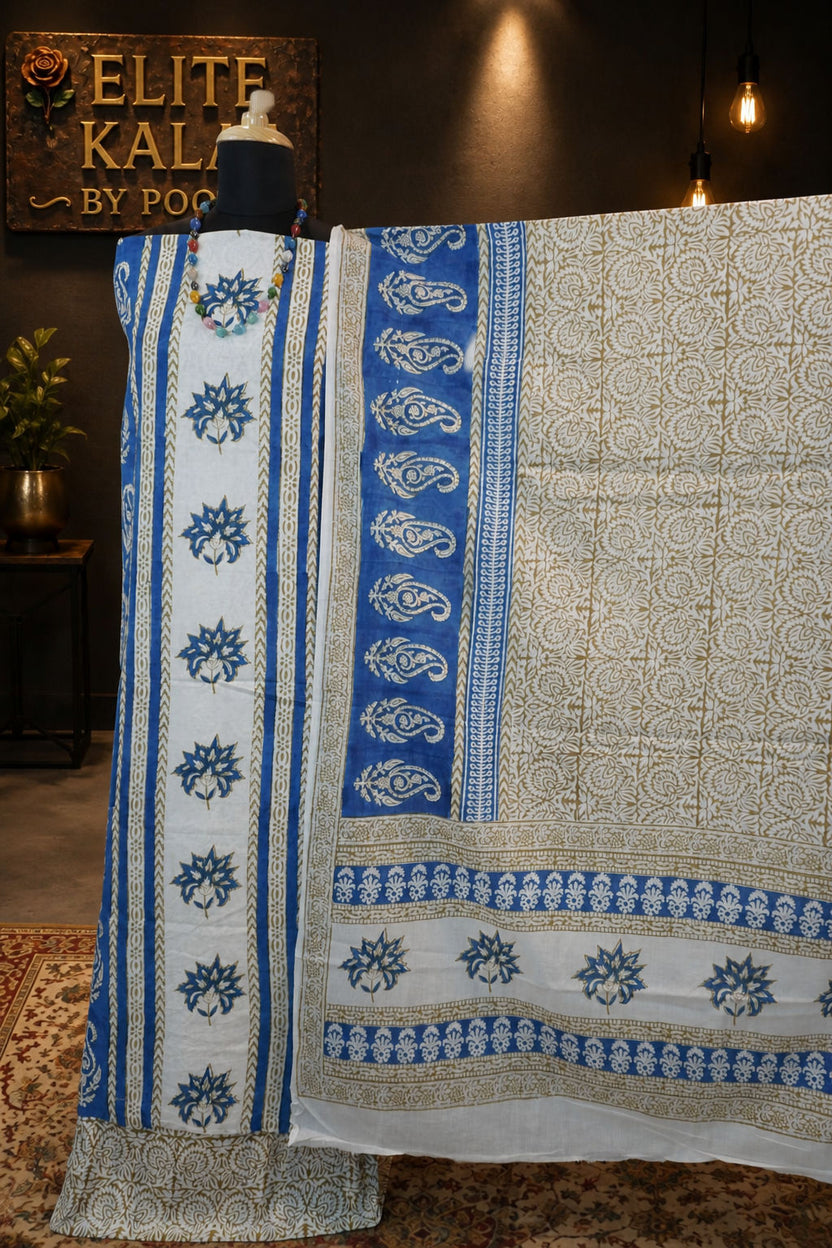 Cotton Bagh Handblock 3 Piece Unstitched Suit Set Blue, Design 3