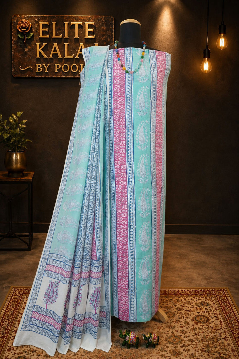 Green cotton Bagh handblock 3 piece suit set with printed design and border
