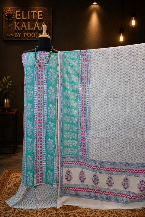 Cotton Bagh Handblock Indigo Colour 3 Piece Unstitched Suit Set Green Design 6