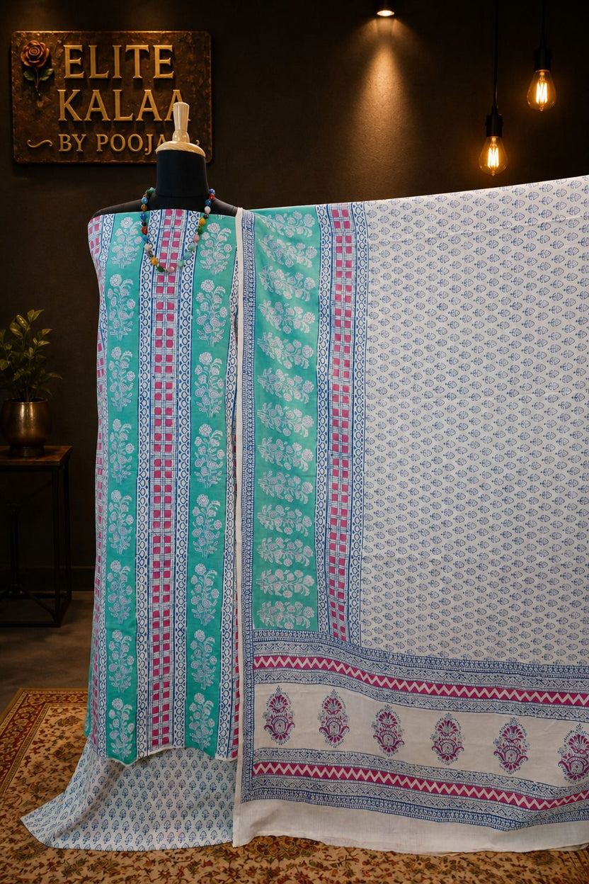 Cotton Bagh Handblock Indigo Colour 3 Piece Unstitched Suit Set Green Design 6