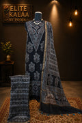 Maheshwari silk 3 piece ajrakh handblock suit/ black/design 1
