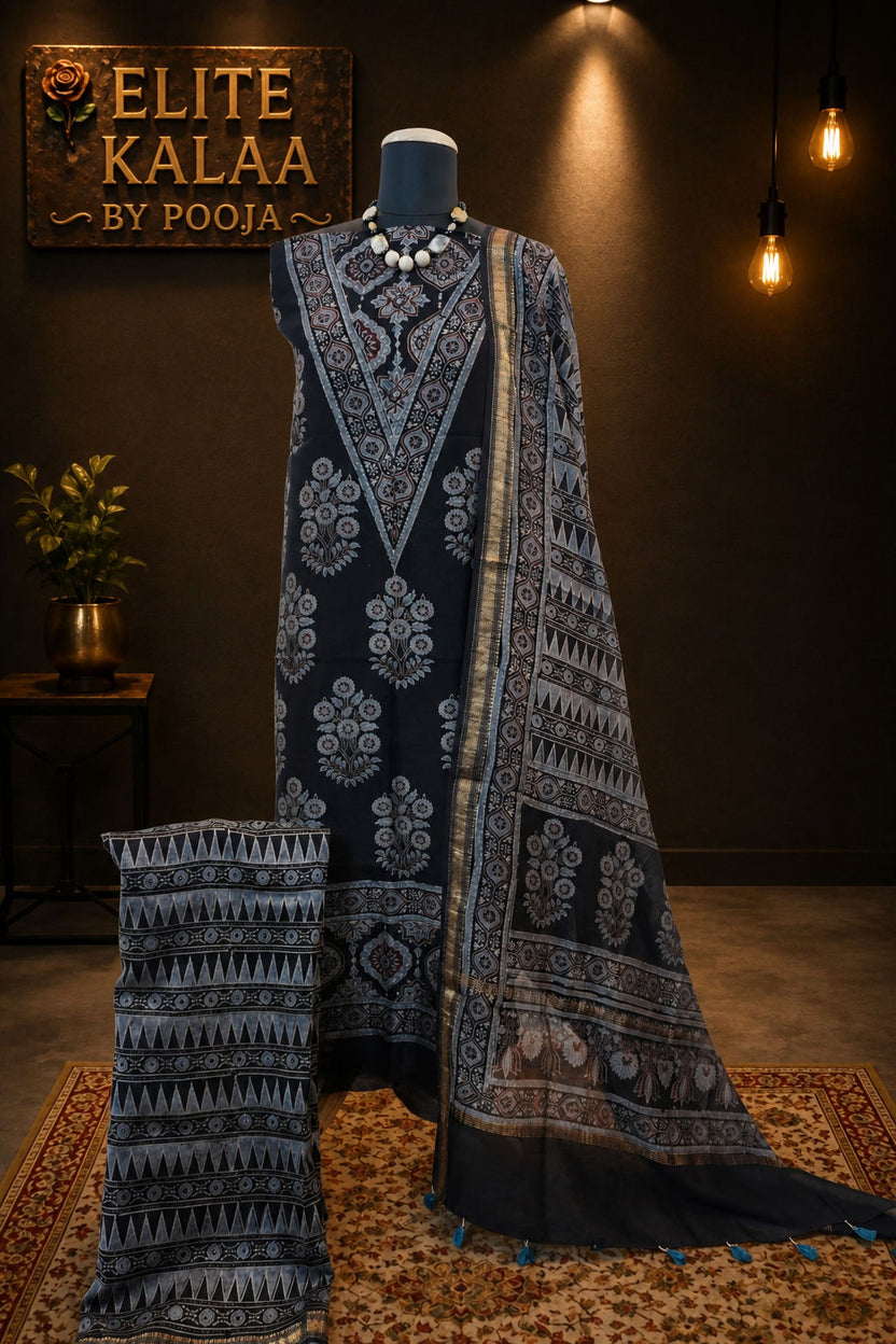 Maheshwari silk 3 piece ajrakh handblock suit/ black/design 1