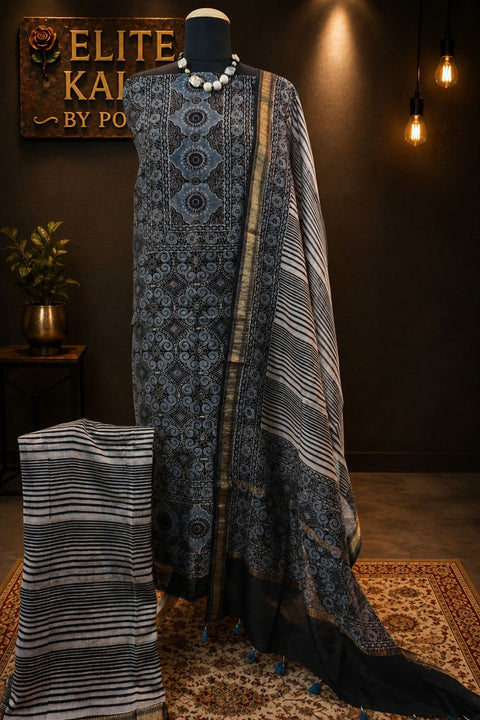Maheshwari silk 3 piece ajrakh handblock suit/ black/design 2